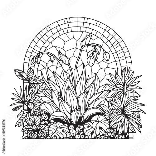 Botanical mosaic illustration featuring indoor plants and geometric archway