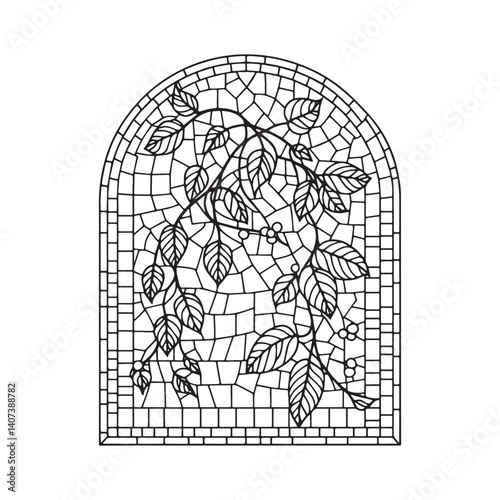 Botanical liana mosaic inside an arc frame with stylized leaves and berries