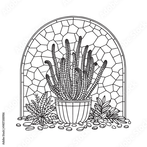 Chamaephyte botanical illustration in pot with arc shaped mosaic background