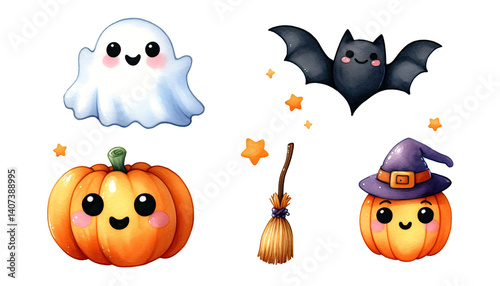 Whimsical watercolor Halloween stickers featuring a smiling ghost, kawaii bat, friendly pumpkin, and cute witch’s broom on a white background. Ideal for kids' Halloween parties and crafts.