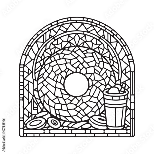 Delicious bagel and milkshake in a mosaic frame, intricate food design