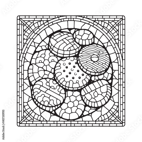 Elaborate cookie assortment in monochromatic stained glass outline mosaic style