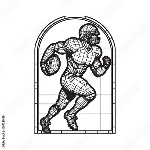 Dynamic american football player with grid pattern inside arched frame