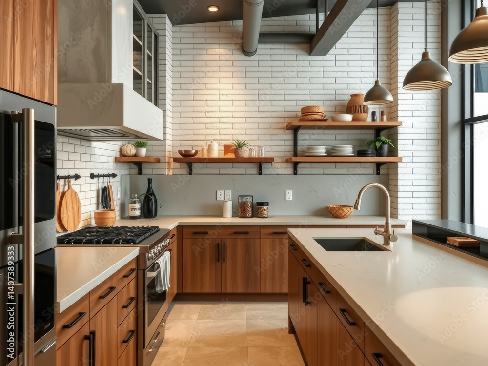 A kitchen with a white counter and brown cabinets. The kitchen has a modern design with a lot of white and brown elements