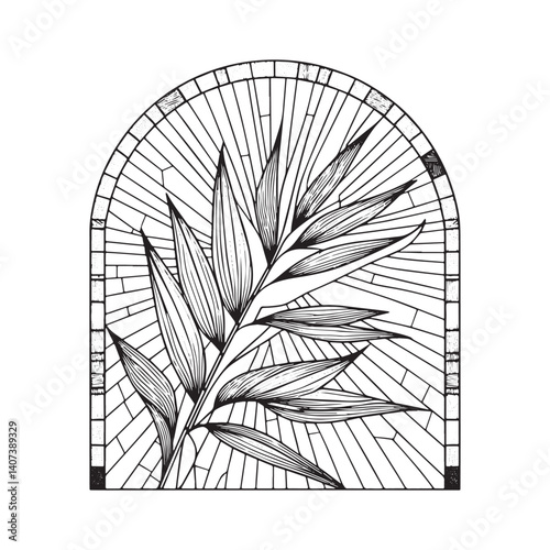Elegant bamboo leaf illustration within mosaic archway frame design
