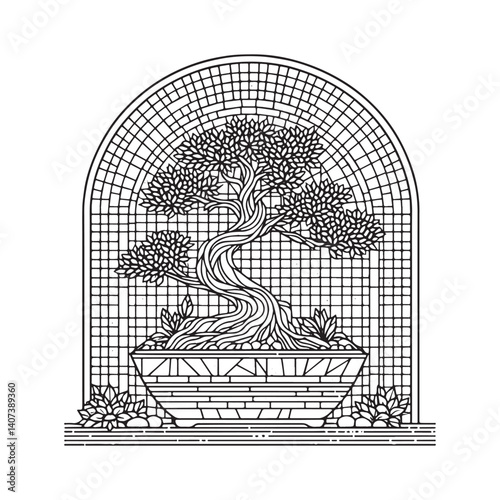 Elegant Bonsai Tree Art within Ornate Mosaic Arch Frame Illustration