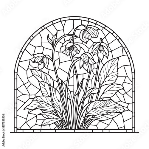Elegant floral arrangement in stylized stained glass arch window outline