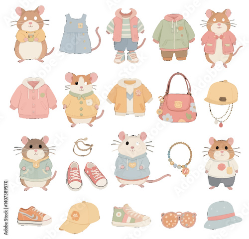 Charming illustrations of anthropomorphic animals—bunnies, raccoons, otters—wearing cute outfits, accessories. Soft pastel tones, delicate line art, whimsical fashion sets. Adorable character designs 