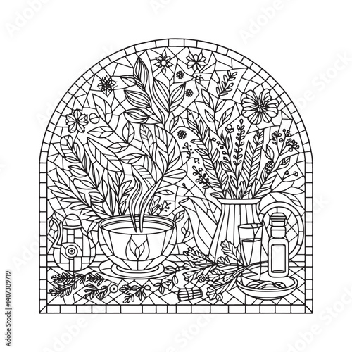 Elegant herbal tea arrangement in a faux stained glass style illustration
