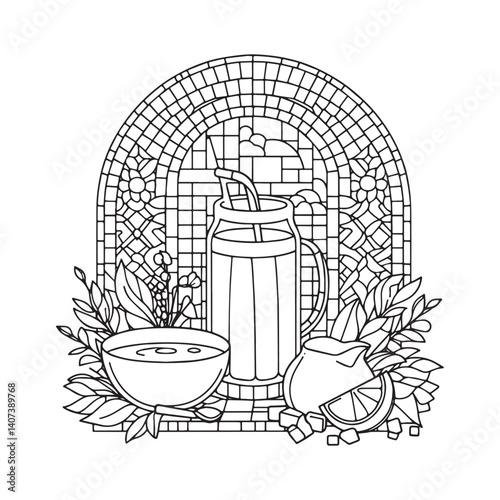 Elegant milk tea illustration in mosaic outline, simple arc window frame