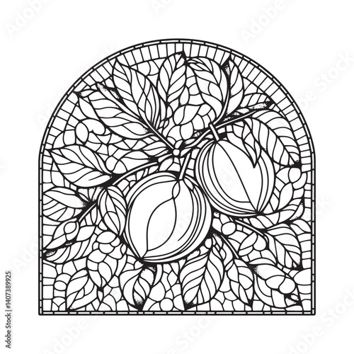 Elegant plum design in a mosaic style with an arched frame