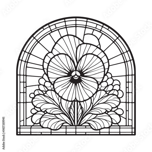 Elegant pansy flower illustration with stained glass effect and arch frame