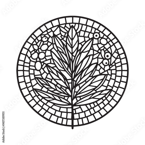 Elegant olive branch mosaic in circular frame, a timeless minimalist design