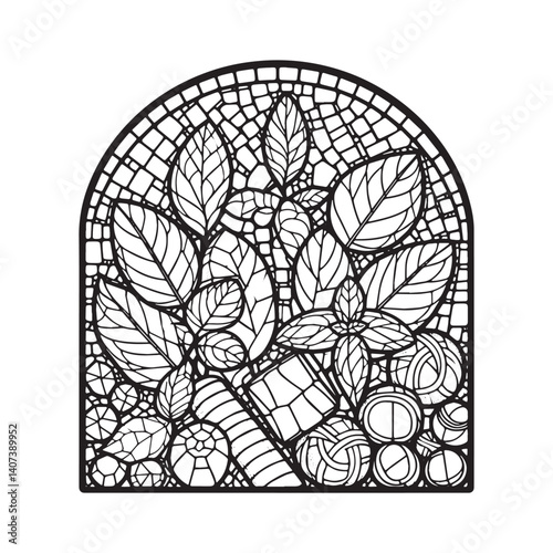 Elegant mosaic outline depicting mints in an arc frame a stunning design