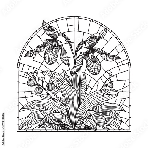 Elegant Showy Lady Slipper flower inside Arc frame mosaic style