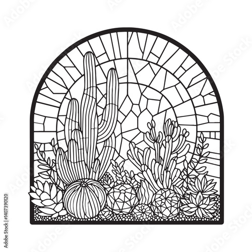Geophyte Plant in minimalist Mosaic outline, inside simple arc frame,