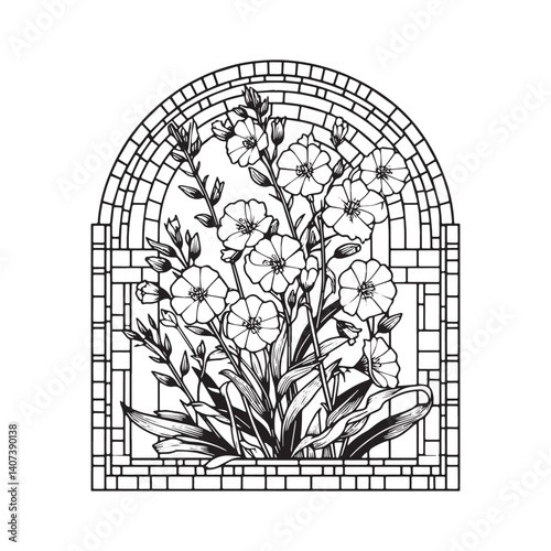 Gibraltar Campion Floral Arrangement in a Mosaic Style Arc Window Frame