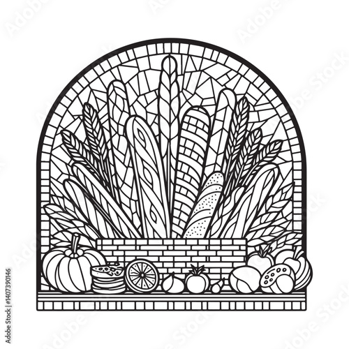 Harvest abundance in stained glass style illustration, showcasing seasonal bounty