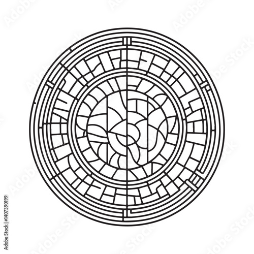 Intricate Circular Labyrinth Design with Interlocking Geometric Elements