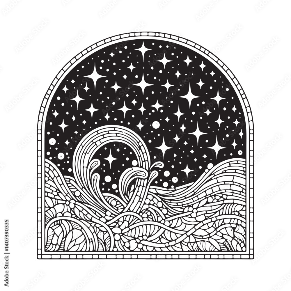 Obraz premium Minimalist graphic depicting stars and ocean waves in a frame style art