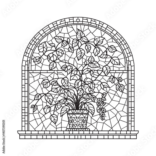 Intricate stained glass window design featuring potted climbing plant motif