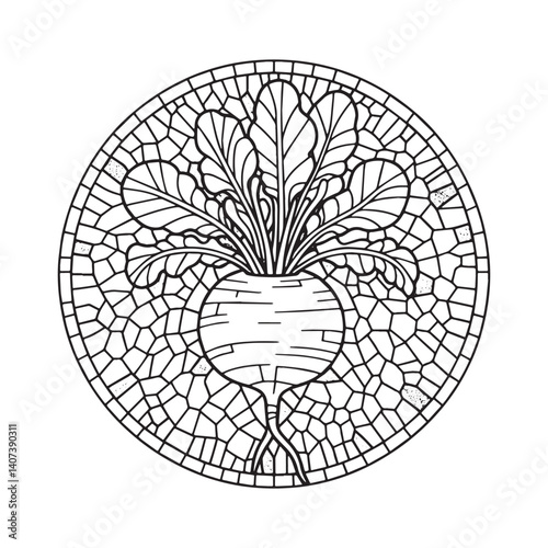 Intricate Radish Mosaic in Circular Frame a black and white vegetal design