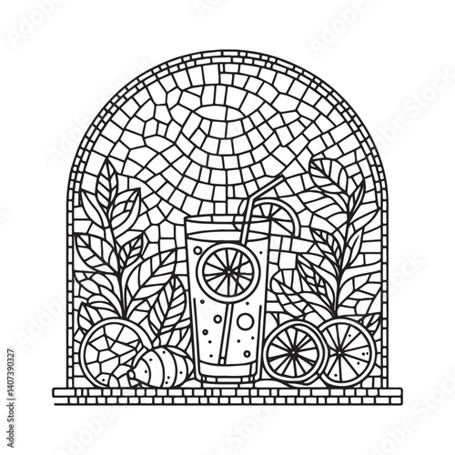 Lemon Water Mosaic Illustration within Arch Frame for Summer Refreshment