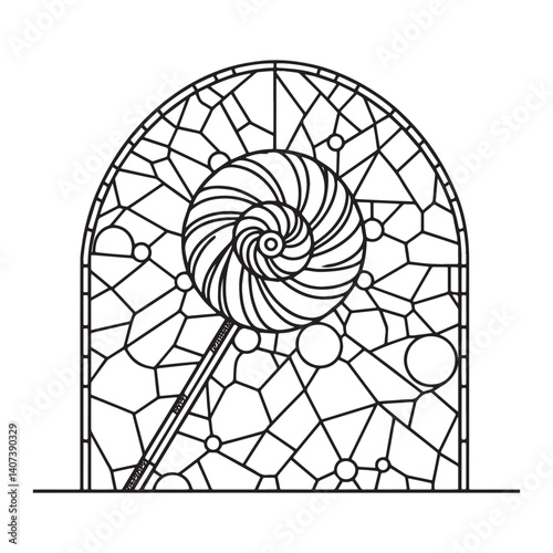 Lollipop in minimalist Mosaic outline, inside simple arc frame,