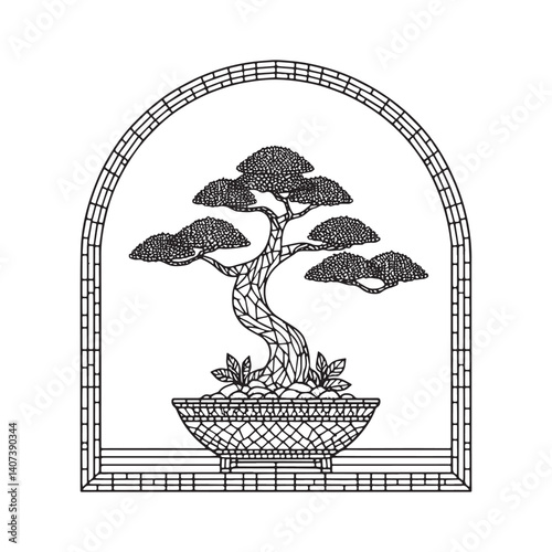 Minimalist Bonsai Tree Illustration within an Arched Geometric Frame Design