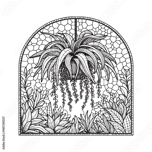 Minimalist hanging epiphyte plant outlined mosaic in arched frame design