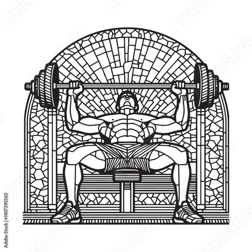 Minimalist mosaic depiction of a male athlete bench pressing with arc frame