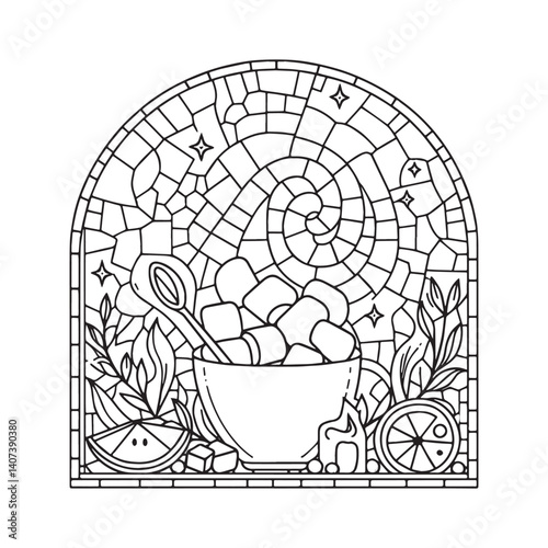 Marshmallow indulgence illustration in a mosaic outline with simple arc border