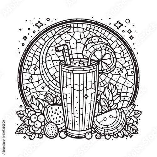 Mosaic smoothie design inside an arc frame with outlined fruit elements
