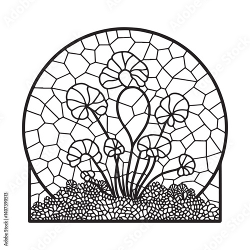 Mosaic liverwort portrayal encased within an arc frame, botanical outline