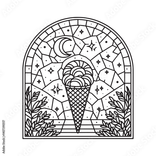 Mosaic ice cream dreamscape in graphic monochrome celestial frame design