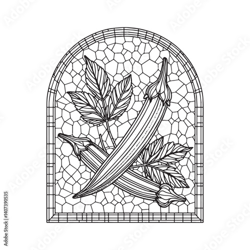 Okra botanical illustration in a mosaic style arched frame design