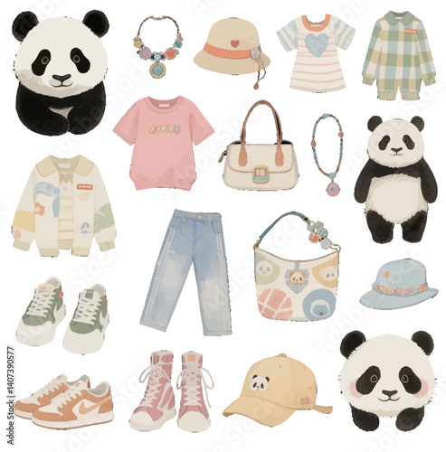 Charming illustrations of anthropomorphic animals—panda, —wearing cute outfits, accessories. Soft pastel tones, delicate line art, whimsical fashion sets. Adorable character designs