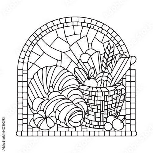 Pastry basket in mosaic outline with a minimalist arc frame illustration