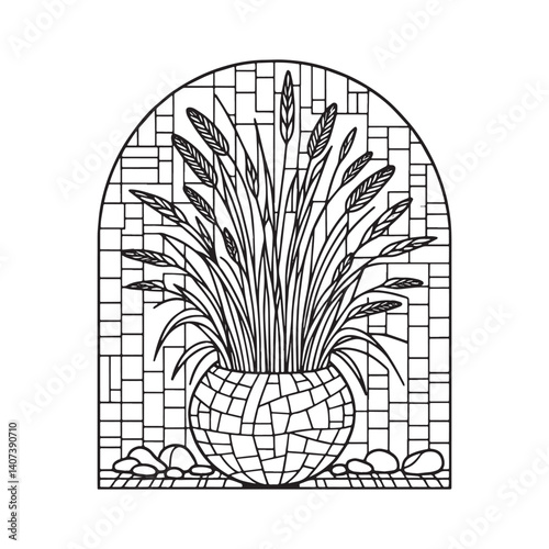 Stained glass styled reed bouquet in an arc window frame design