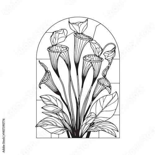 Stylized Alabama Canebrake Pitcher Plant in Arched Geometric Window Frame