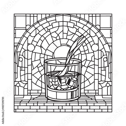Stylized alcohol beverage shot glass with liquid and ice cubes mosaic frame