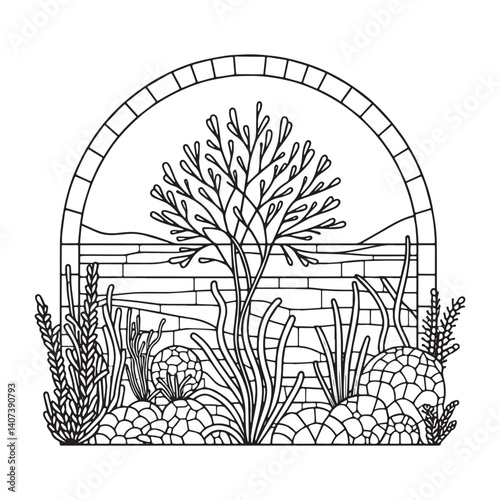 Stylized algae garden sketch within mosaic brick arc, minimalist organic form