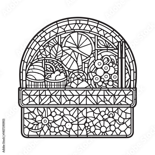 Stylized Bento Box Illustration in Geometric Mosaic with Curved Frame