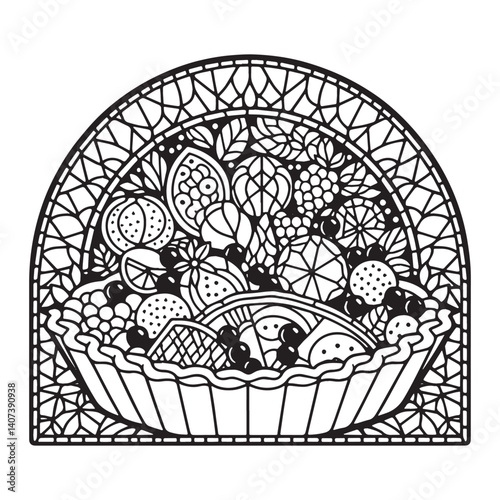 Stylized black and white fruit tart illustration within decorative arch frame