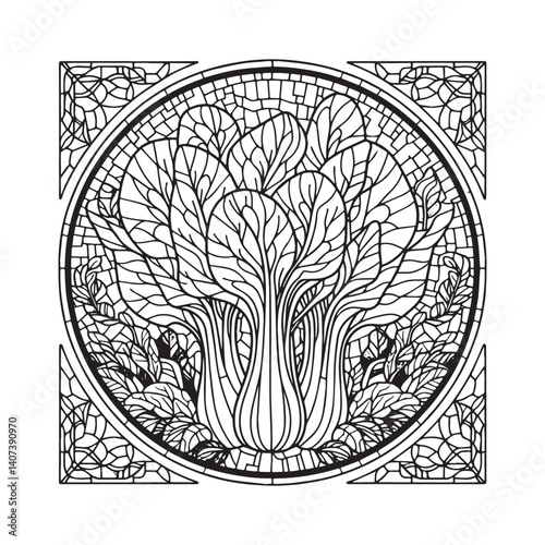 Stylized bok choy illustration in monochrome mosaic style with circular frame