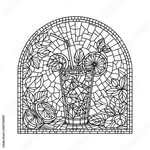 Stylized beverage illustration framed with mosaic and citrus accents