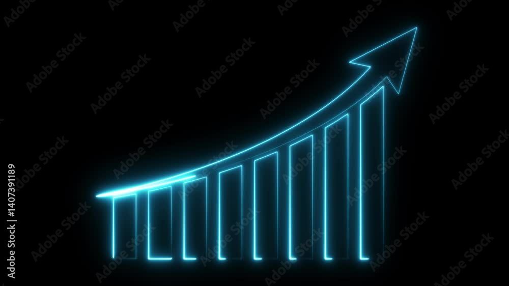 Neon business graph chart icon animation showing marketing sales profit increasing Isolated on Black background