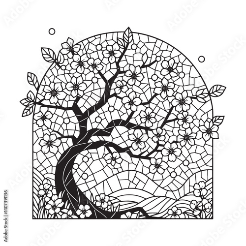 Stylized cherry blossom tree inside of an arc shape minimalist outline