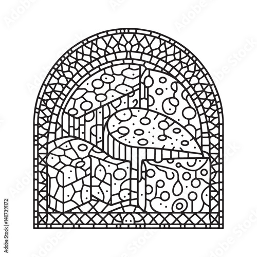 Stylized cheese composition in outlined mosaic pattern framed by an arch