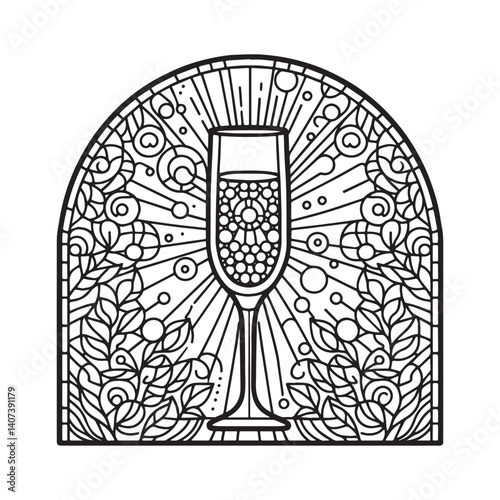 Stylized champagne flute within ornate archway, line art illustration